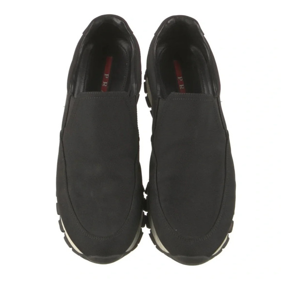 PRADA Linea Rossa Slip On Sneakers Black Nylon Slide On Size 37.5 Leather Trim - Picture 1 of 14